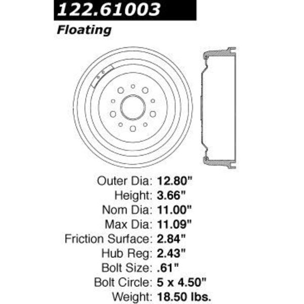 Centric Parts Premium Brake Drum, 122.61003 122.61003